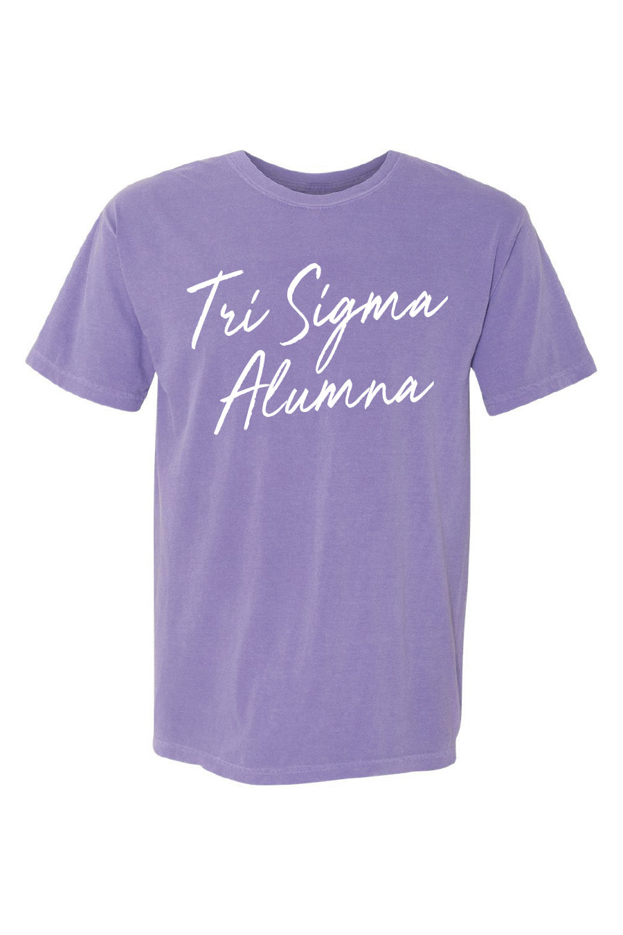 Purple t-shirt with Tri Sigma Alumnae in white script